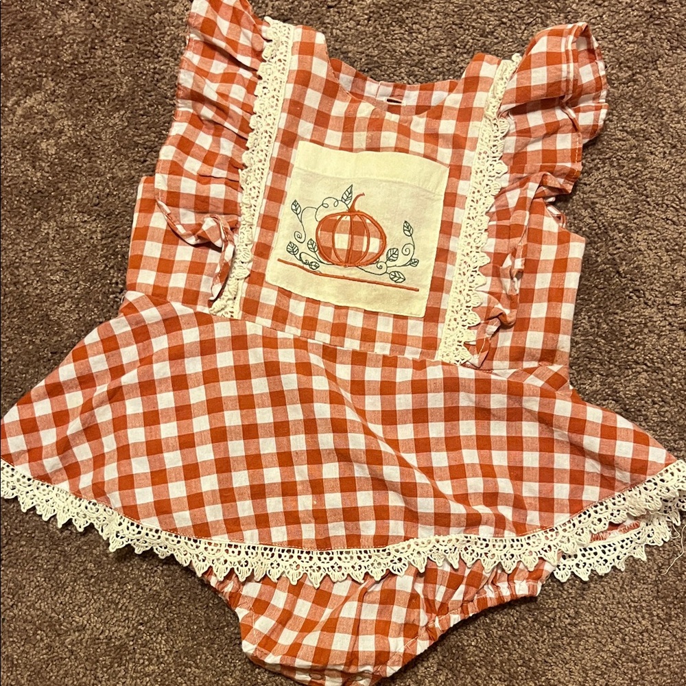 Orange Gingham Baby Dress with Pumpkin Embroidery
